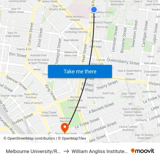 Melbourne University/Royal Pde to William Angliss Institute Of TAFE map