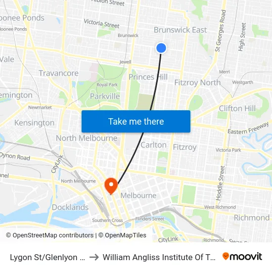 Lygon St/Glenlyon Rd to William Angliss Institute Of TAFE map