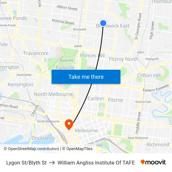 Lygon St/Blyth St to William Angliss Institute Of TAFE map