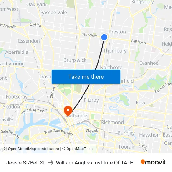 Jessie St/Bell St to William Angliss Institute Of TAFE map