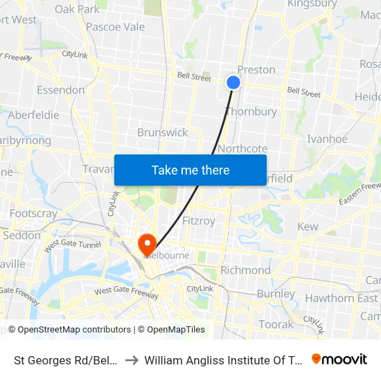 St Georges Rd/Bell St to William Angliss Institute Of TAFE map
