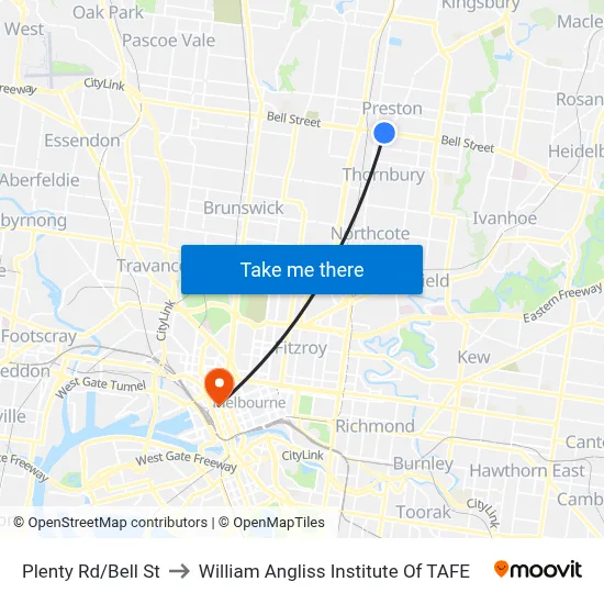 Plenty Rd/Bell St to William Angliss Institute Of TAFE map