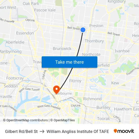 Gilbert Rd/Bell St to William Angliss Institute Of TAFE map