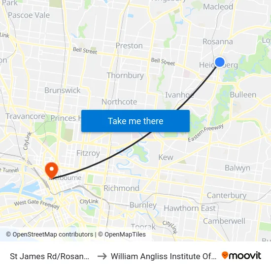 St James Rd/Rosanna Rd to William Angliss Institute Of TAFE map