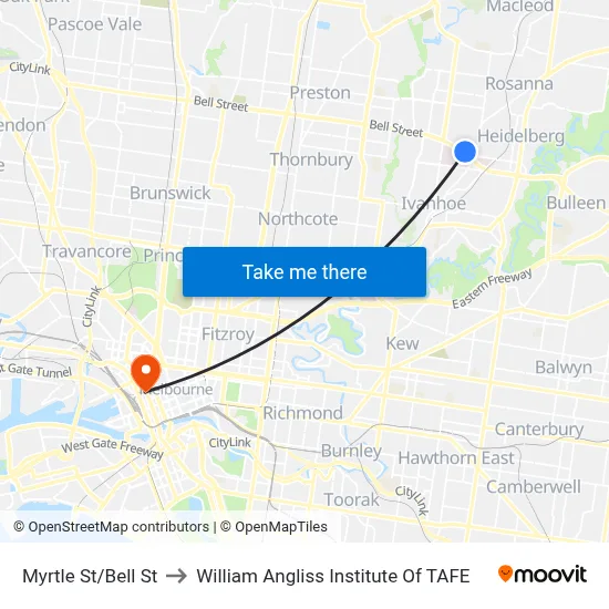 Myrtle St/Bell St to William Angliss Institute Of TAFE map