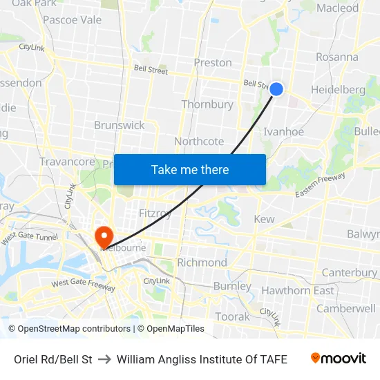 Oriel Rd/Bell St to William Angliss Institute Of TAFE map