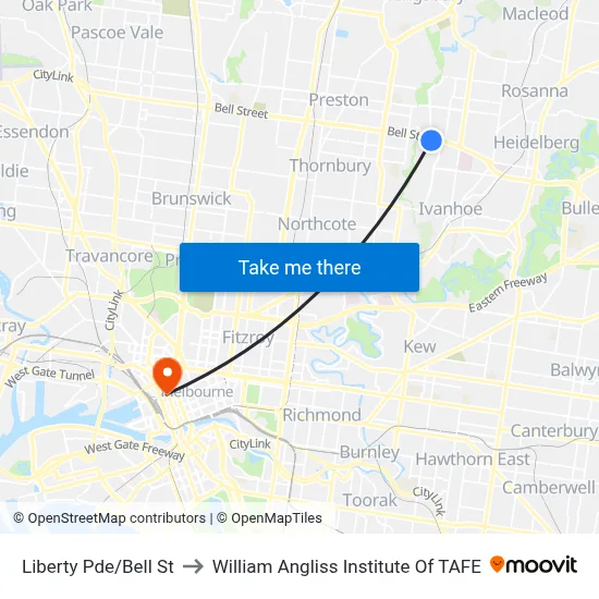 Liberty Pde/Bell St to William Angliss Institute Of TAFE map