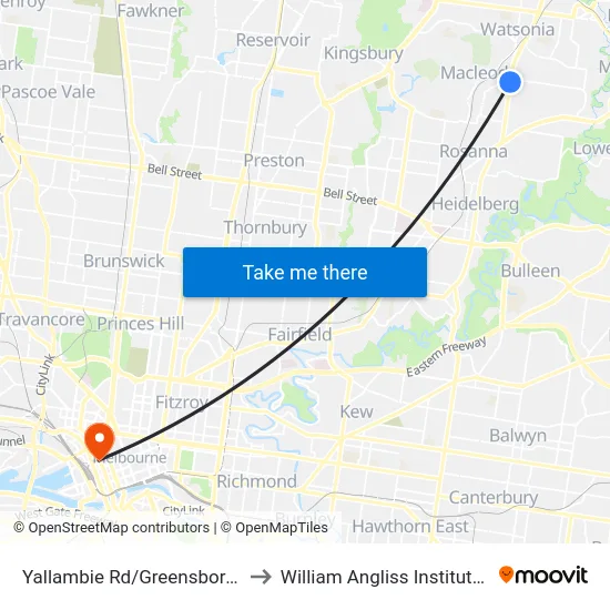 Yallambie Rd/Greensborough Hwy to William Angliss Institute Of TAFE map