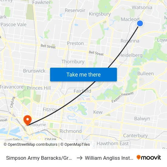Simpson Army Barracks/Greensborough Hwy to William Angliss Institute Of TAFE map