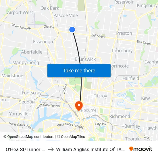 O'Hea St/Turner St to William Angliss Institute Of TAFE map