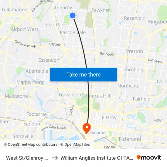 West St/Glenroy Rd to William Angliss Institute Of TAFE map