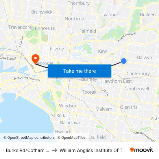 Burke Rd/Cotham Rd to William Angliss Institute Of TAFE map