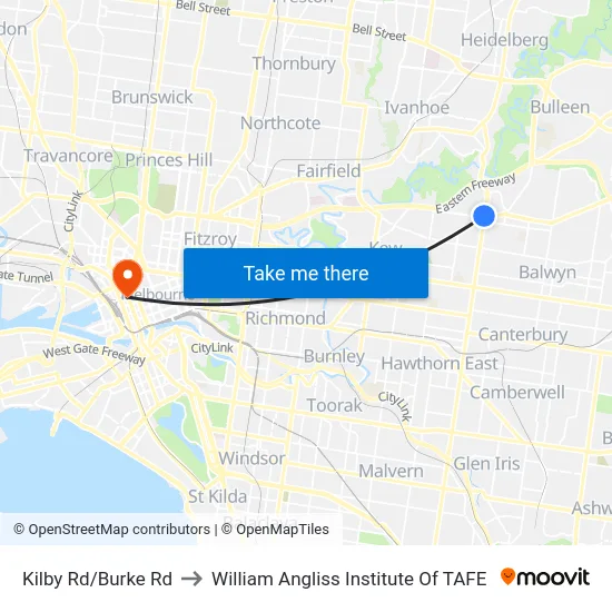 Kilby Rd/Burke Rd to William Angliss Institute Of TAFE map