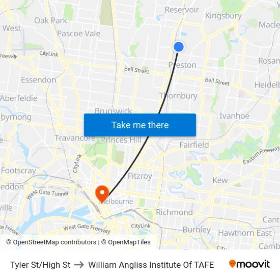 Tyler St/High St to William Angliss Institute Of TAFE map