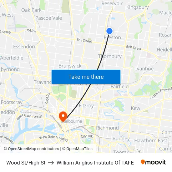 Wood St/High St to William Angliss Institute Of TAFE map