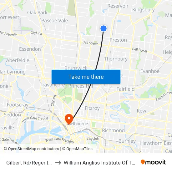 Gilbert Rd/Regent St to William Angliss Institute Of TAFE map