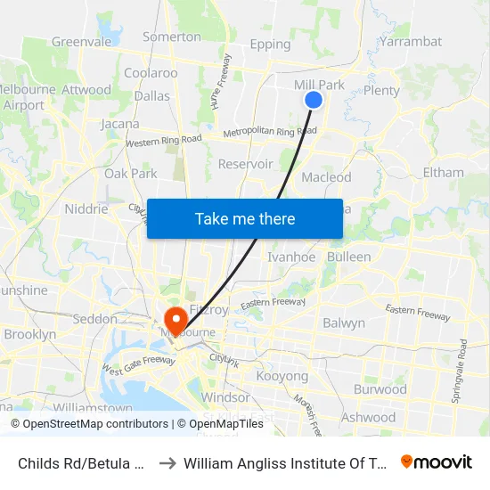 Childs Rd/Betula Ave to William Angliss Institute Of TAFE map