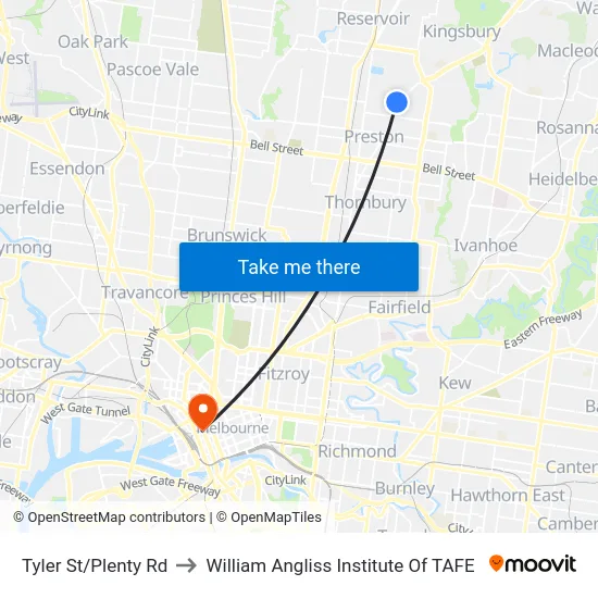 Tyler St/Plenty Rd to William Angliss Institute Of TAFE map