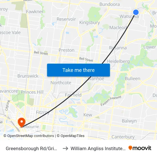 Greensborough Rd/Grimshaw St to William Angliss Institute Of TAFE map