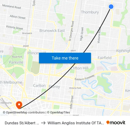 Dundas St/Albert St to William Angliss Institute Of TAFE map
