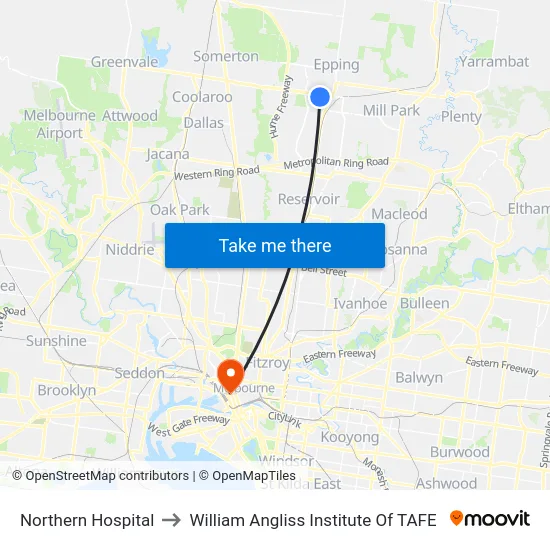 Northern Hospital to William Angliss Institute Of TAFE map
