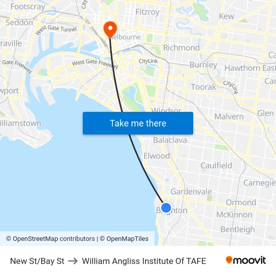 New St/Bay St to William Angliss Institute Of TAFE map