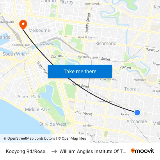 Kooyong Rd/Rose St to William Angliss Institute Of TAFE map