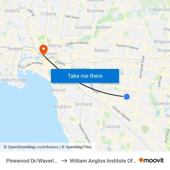 Pinewood Dr/Waverley Rd to William Angliss Institute Of TAFE map