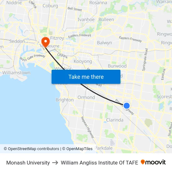 Monash University to William Angliss Institute Of TAFE map