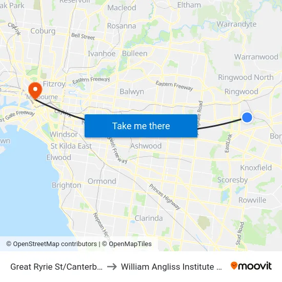 Great Ryrie St/Canterbury Rd to William Angliss Institute Of TAFE map