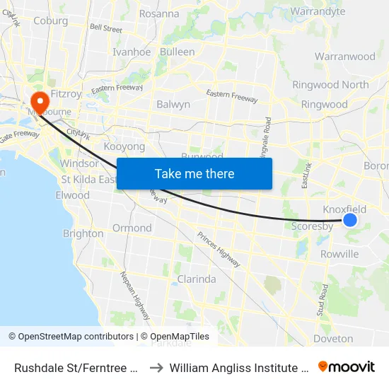 Rushdale St/Ferntree Gully Rd to William Angliss Institute Of TAFE map
