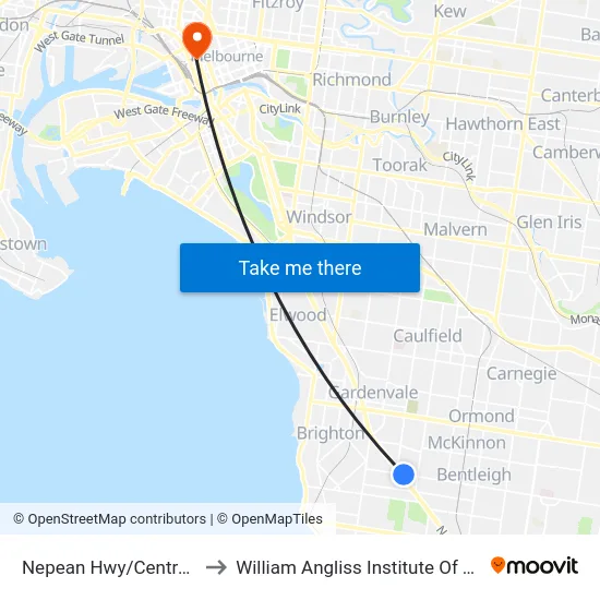 Nepean Hwy/Centre Rd to William Angliss Institute Of TAFE map