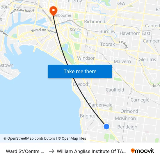 Ward St/Centre Rd to William Angliss Institute Of TAFE map