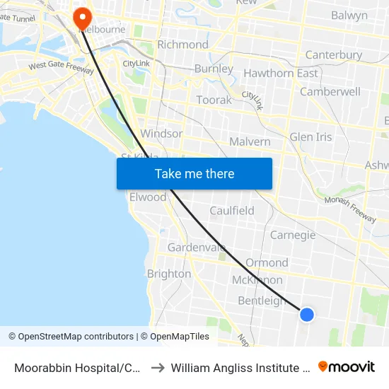 Moorabbin Hospital/Centre Rd to William Angliss Institute Of TAFE map