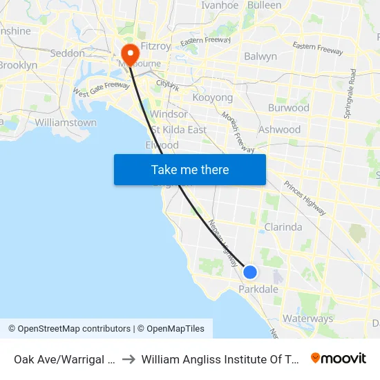 Oak Ave/Warrigal Rd to William Angliss Institute Of TAFE map
