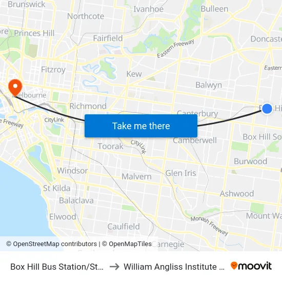 Box Hill Bus Station/Station St to William Angliss Institute Of TAFE map