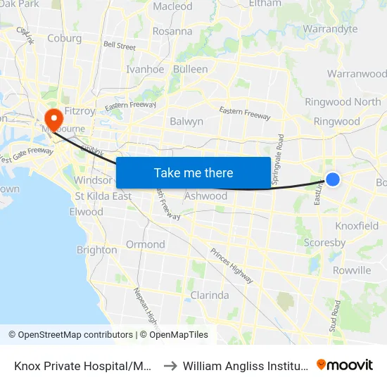 Knox Private Hospital/Mountain Hwy to William Angliss Institute Of TAFE map