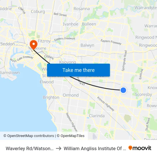 Waverley Rd/Watsons Rd to William Angliss Institute Of TAFE map