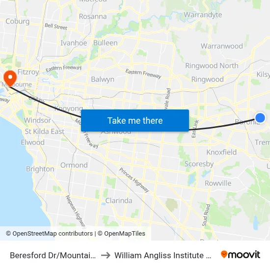 Beresford Dr/Mountain Hwy to William Angliss Institute Of TAFE map