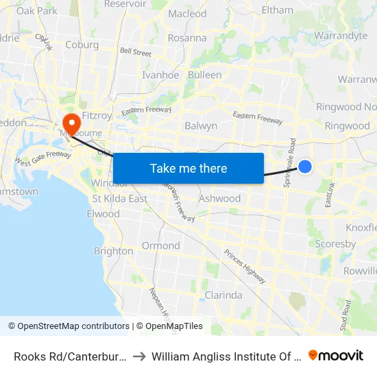 Rooks Rd/Canterbury Rd to William Angliss Institute Of TAFE map