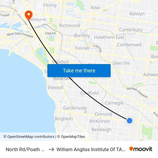 North Rd/Poath Rd to William Angliss Institute Of TAFE map