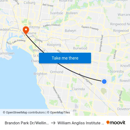 Brandon Park Dr/Wellington Rd to William Angliss Institute Of TAFE map