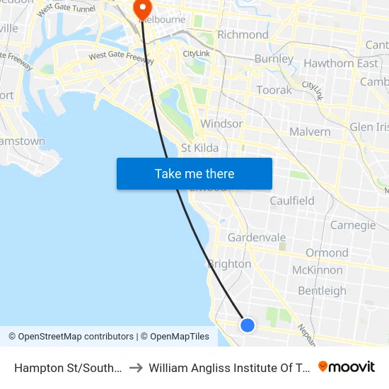 Hampton St/South Rd to William Angliss Institute Of TAFE map
