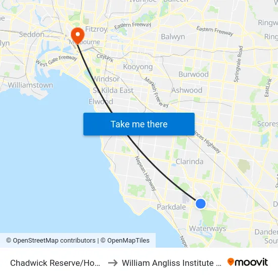 Chadwick Reserve/Howard Rd to William Angliss Institute Of TAFE map