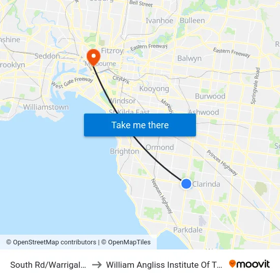 South Rd/Warrigal Rd to William Angliss Institute Of TAFE map