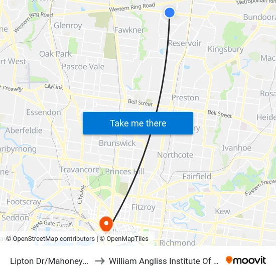 Lipton Dr/Mahoneys Rd to William Angliss Institute Of TAFE map
