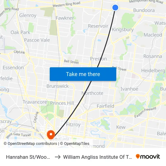 Hanrahan St/Wood St to William Angliss Institute Of TAFE map