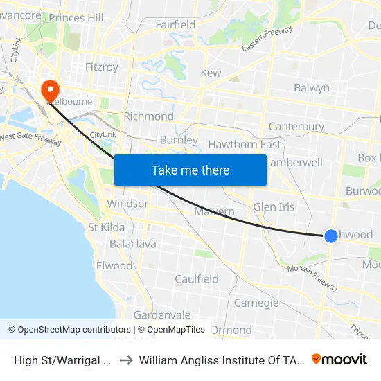 High St/Warrigal Rd to William Angliss Institute Of TAFE map