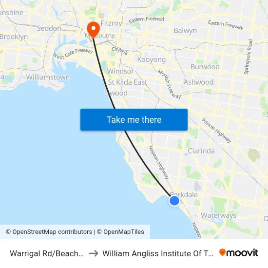 Warrigal Rd/Beach Rd to William Angliss Institute Of TAFE map