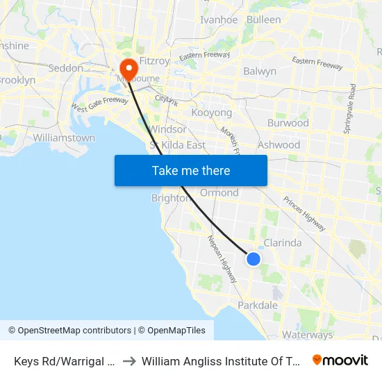 Keys Rd/Warrigal Rd to William Angliss Institute Of TAFE map